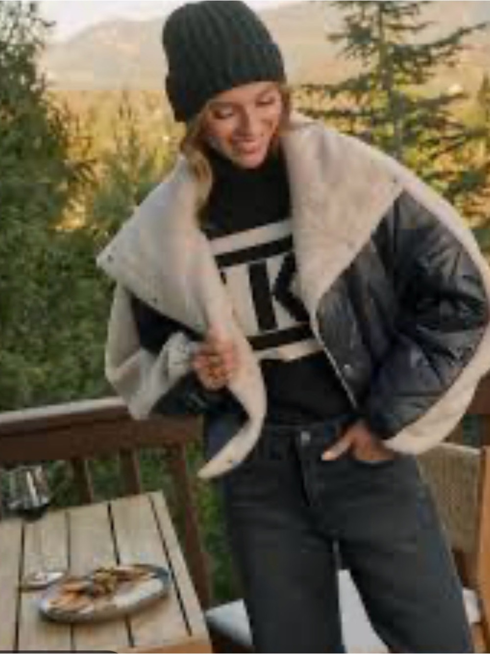 Vici Black Cropped Quilted Teddy Jacket with Cream Sherpa Collar